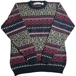 Vintage Bugle Boy Co. Sweater Men’s Large Multicolor Knit Pattern Crewneck Retro